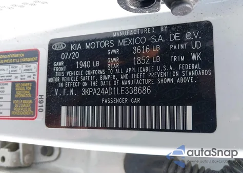 2020 Kia Rio Lx z USA, uszkodzony, nr VIN 3KPA24AD1LE338686